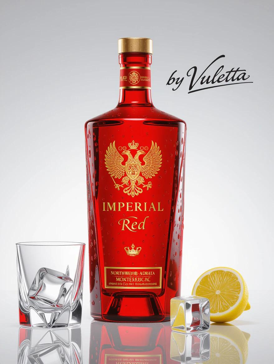 Create a hyper-realistic studio-quality product shot. Showcase an ultra-premium vodka bottle named Imperial Red with handwritten by Vuletta signature. The bottle is red with golden embossed double-headed eagle details. Display the text Organic Vodka and Northwood Adriatic Montenegro. Use semi-matte finish for deep crimson glass. Include crystal glass with ice cube and lemon slice next to it. Enhance with urban contemporary colors relating to the Adriatic sea. Highlight golden details and clear vodka using studio lighting for a sophisticated look.