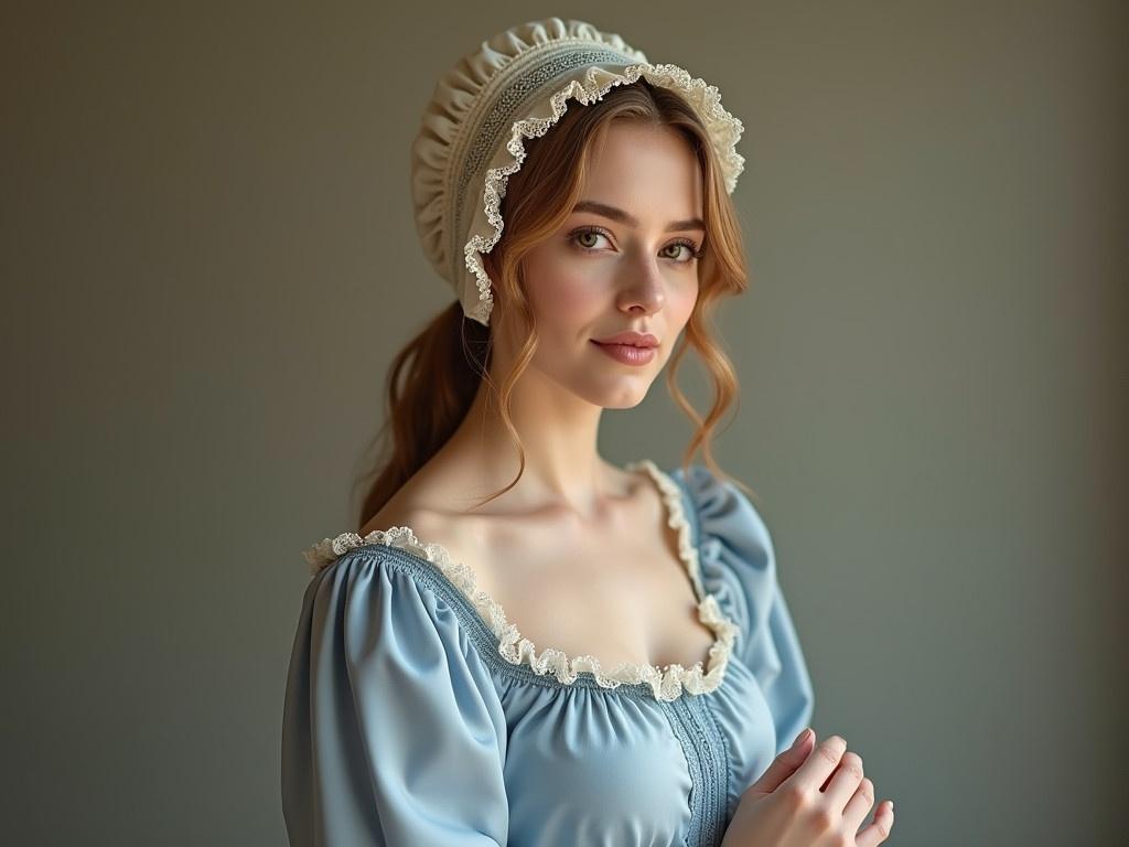 Create a photorealistic representation of the woman in the image. She wears a light blue dress with a frilled neckline that gives a delicate appearance. The hair is styled elegantly, adorned with a light-colored bonnet that has lace details. The setting should have a soft, muted background that enhances her calm expression. Position her hand gracefully on her lap, showcasing a natural and composed posture. The lighting should be warm and smooth, highlighting the textures of her clothing.