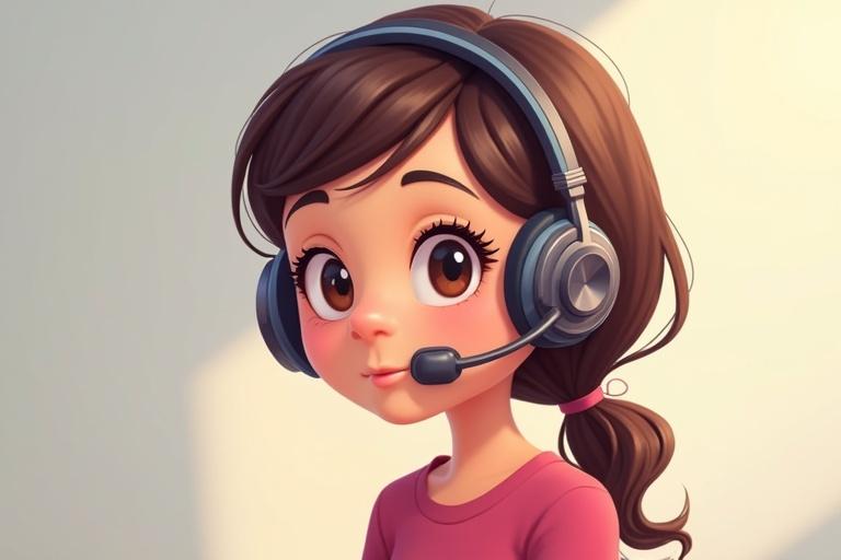 Support girl with a headset in a modern 2D cartoon style. The character looks friendly and approachable with a warm expression. Soft lighting and pastel colors create a welcoming atmosphere.