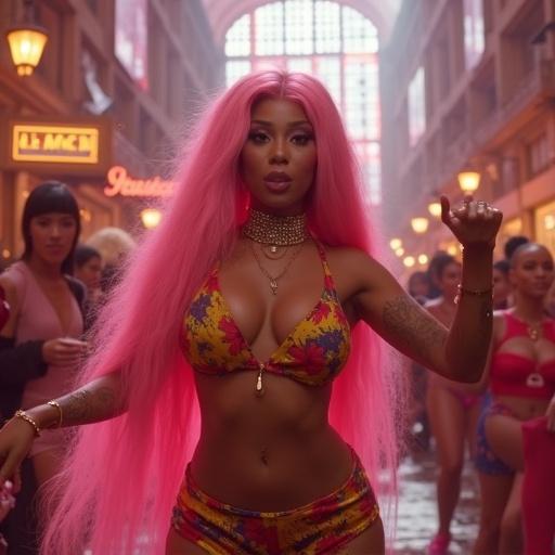 Vibrant scene from a music video featuring models in fashionable outfits with striking colors. A woman with long pink hair stands out wearing a bikini. Background shows artistic architecture with warm lighting.