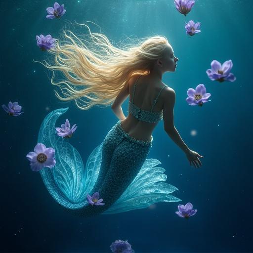 A luminous mermaid drifts in the ocean depths. Golden blonde hair billows around her. Porcelain skin has an iridescent quality. She wears a sapphire blue tail with crystal patterns. Bra top made of mother-of-pearl and aquamarine gems. Semi-transparent lavender flowers float around her. The water is rich midnight blue.
