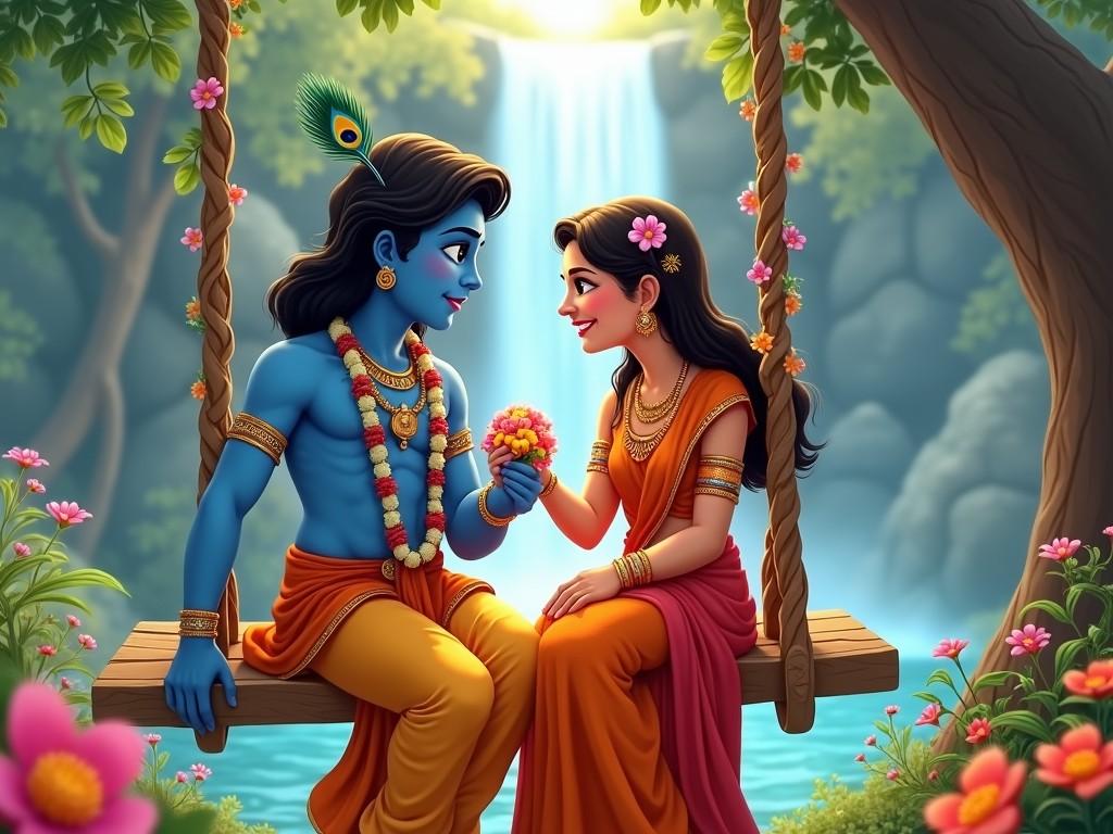 In this vibrant illustration, two figures share a tender moment while sitting on a wooden swing, adorned with flowers, amidst a lush forest. Behind them, a picturesque waterfall cascades gently, adding a serene backdrop to their interaction. The figures are beautifully colored and adorned with traditional clothing and jewelry, contributing to a sense of cultural enrichment and timeless romance.