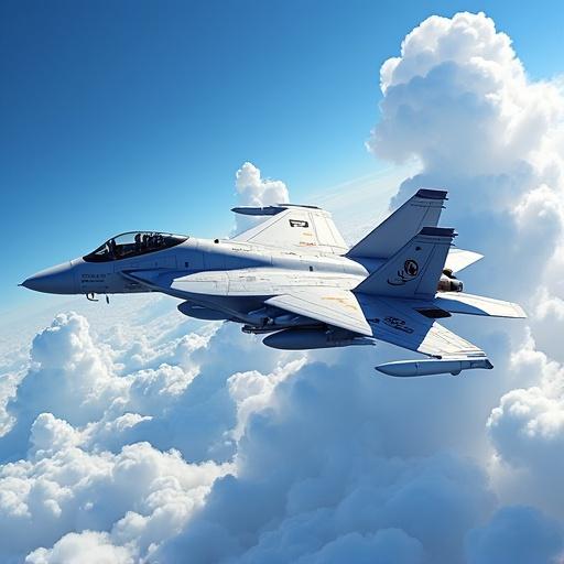 F-14 Tomcat fighter jet in flight above white clouds. Anime art style. Bright sky background.