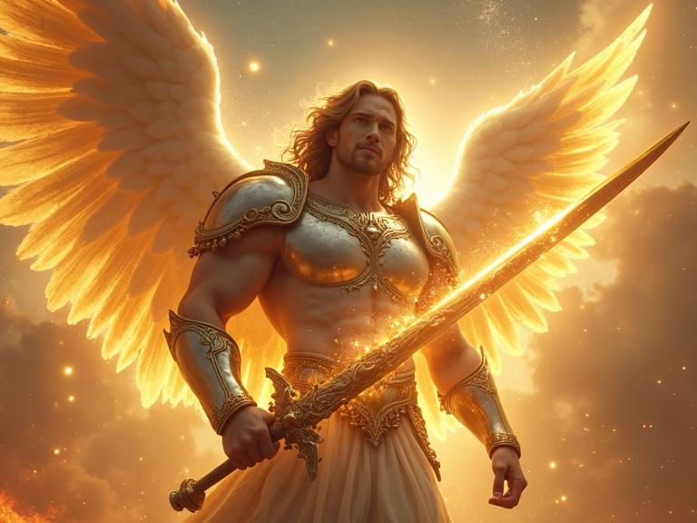Surreal portrait featuring a colossal Archangel Michael with a divine glow. Intense gaze, long wavy golden hair, shining celestial armor. Holding a blazing sword. Athletic posture, surrounded by golden light, majestic wings. Cosmic battlefield backdrop with swirling ancient stars. Warm desaturated tones create a dreamlike atmosphere.