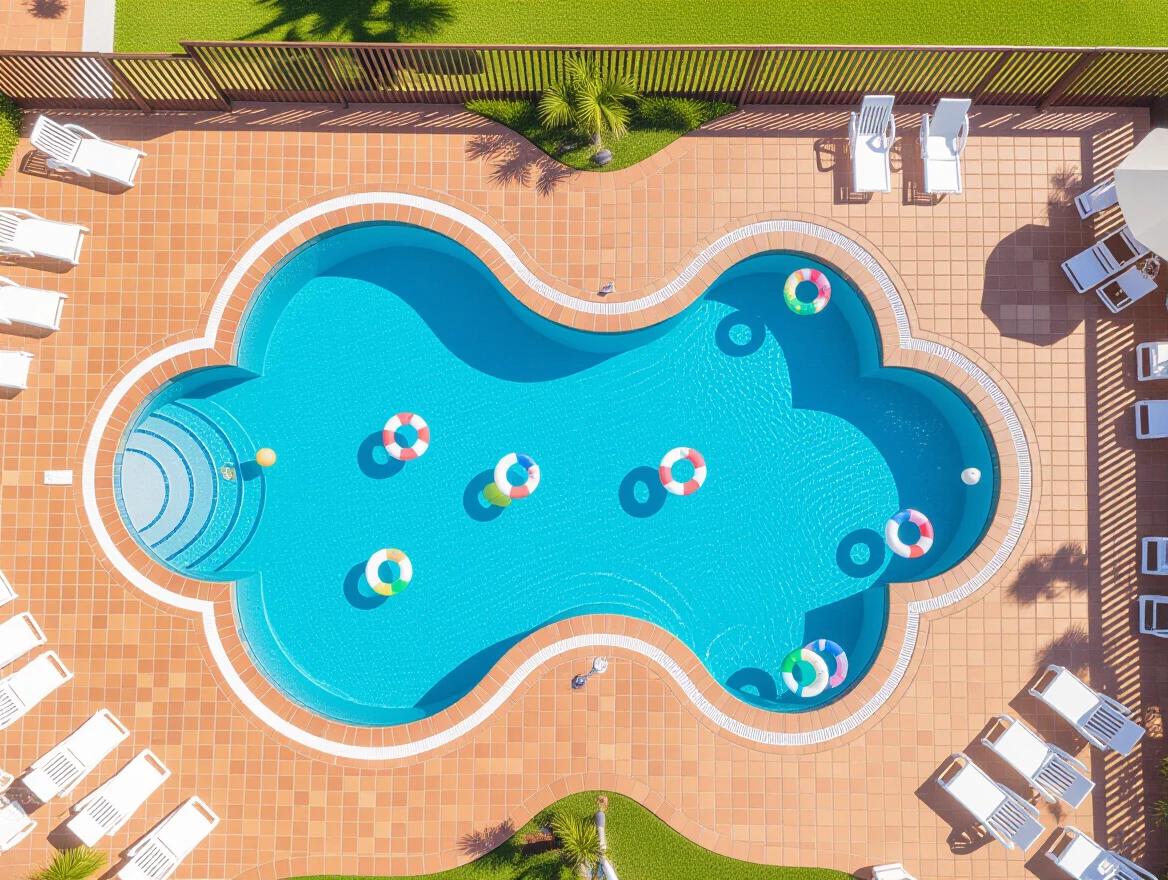Aerial view of a summer pool surrounded by brown and white mosaic tiles featuring various water toys floating on the surface.
