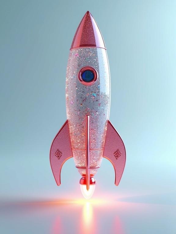 Hyper-realistic rendering of a rocket ship made of colored glass. The ship floats in a studio with ornate design. Studio lighting highlights reflective surfaces. A soft and minimal aesthetic with ultra-detailed elements. The composition includes iridescent sparkles and prismatic effects in high resolution.
