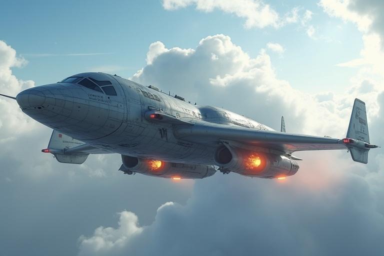 Create an image of a bulky grey military dropship entering troposphere with burning engines surrounded by clouds.
