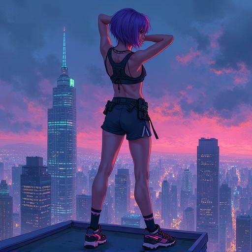 Watercolor painting of a fit young woman with short violet hair. Slim muscular body. Wearing short tight top and sport shorts. High platform sneakers with glowing LED stripe and knee socks. Combat harness. Stretching her back and arms on the roof of high building. Night city landscape. Cinematic light. Style of Yuumei.