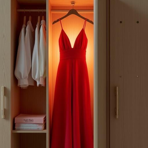 Hyper-realistic image of an open wooden wardrobe. Softly lit with natural daylight. Centered striking red cocktail dress on a wooden hanger. Dress has a radiant quality. Surrounding muted pastel shirts and blouses are neatly arranged. Side shelf has a pack of Fem Bleach subtly glowing. Materials rendered with lifelike precision. Overall calm and elegant setting.