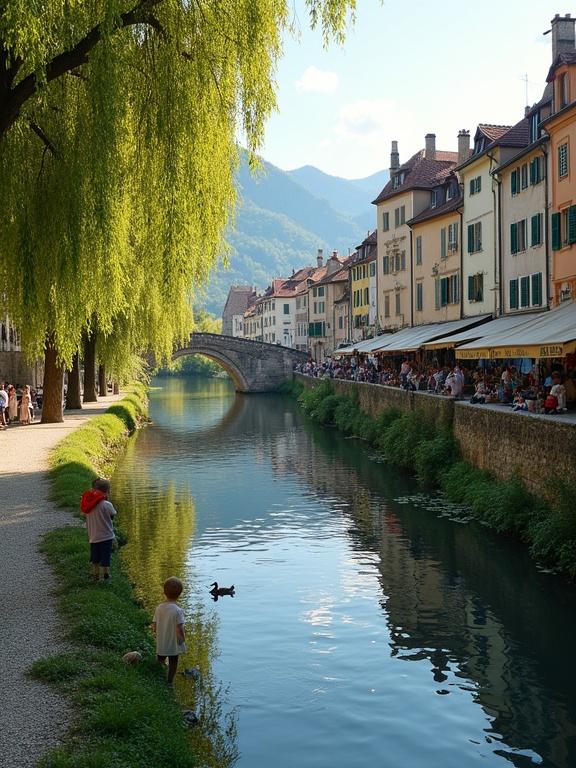 Charming riverside view of Gradna River flowing gently through Samobor. Reflection of stone bridges and willow trees in the water. One side features a bustling market square with local vendors selling handmade crafts. Children are feeding ducks at the river's edge. Surrounding buildings have 18th-century architecture. Trees provide soft sunlight and a warm atmosphere.