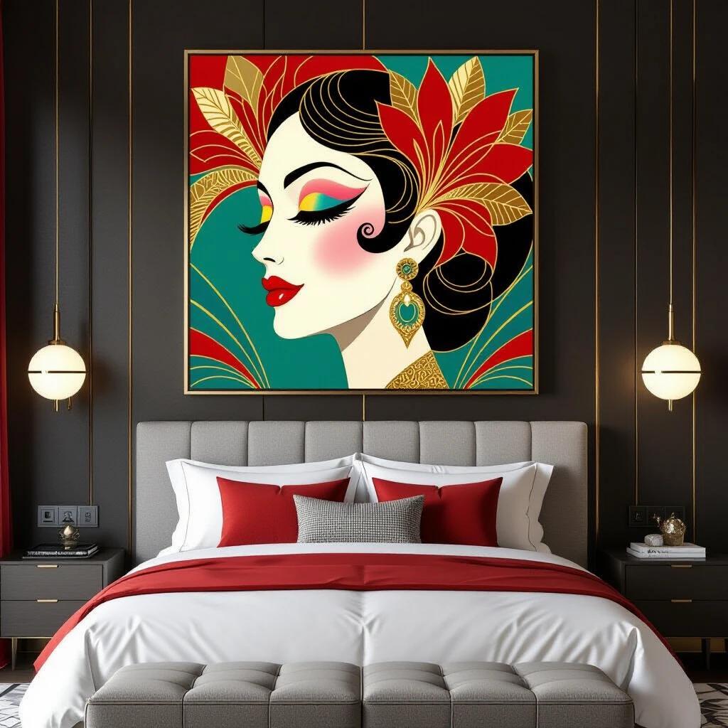 Modern bedroom with upholstered bed. Large framed artwork on wall. Artwork features Art Deco illustration. Portrait with dramatic makeup in red and gold. Background has large stylized flowers with geometric patterns. Soft lighting highlights the decor.