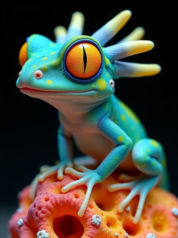 This image presents a vivid fantastical amphibian-like creature perched on a vibrant coral-like structure in a hyper-detailed surreal setting with a black background.
