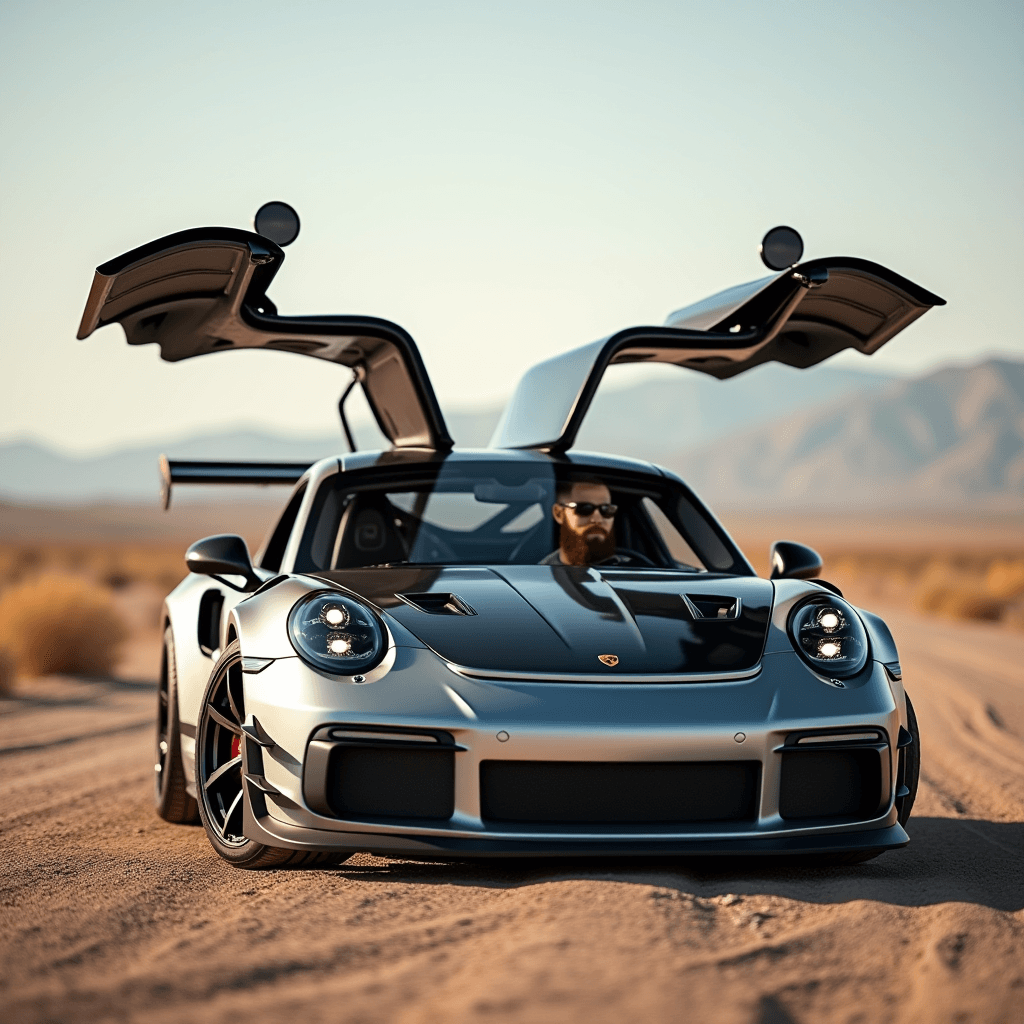 A sleek sports car with its gullwing doors open sits on a desert road with a bearded driver inside.