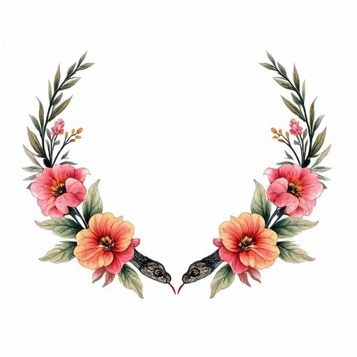 Two symmetrical floral garlands designed as a tattoo. Garlands start from the hips and curve inward to the lower abdomen. They merge at the base of an existing tattoo. Each garland has vibrant flowers. A discreet snake head appears at the bottom of one garland, tongue out toward a flower on the opposite garland. The composition is graceful and flowing. The style is tattoo linework with watercolor colors. Background is white or transparent.