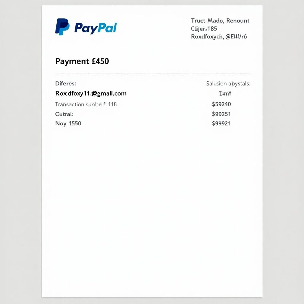 PayPal payment receipt showing a transaction for £450 to roxdfoxy11@gmail.com. Document includes the PayPal logo, payer details, transaction amount, and transaction number. Clean design suitable for online payments.