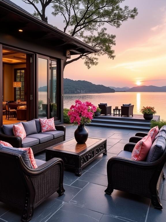 Elegant lakeside patio at sunset. Features woven wicker furniture with plush cushions, vibrant floral accents. Coffee table with a ceramic vase and bright flowers. Stone tiled flooring and expansive lake view. Contemporary house exterior with large glass doors. Romantic sunset sky with colorful hues and serene natural surroundings.