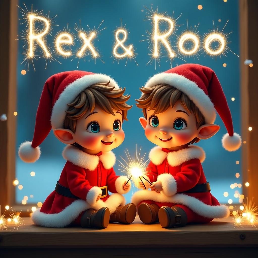 This image features two adorable twin children, a boy and a girl, both around three years old. They have brown hair and bright blue eyes, wearing cute red and white elf costumes with festive Santa hats. In the background, the names 'Rex & Roo' are elegantly written in sparkling lights. The scene is filled with warm, enchanting lighting that echoes the holiday spirit. They are sitting together, playfully holding sparklers, illuminated by their joyful smiles, embodying the magic of Christmas.