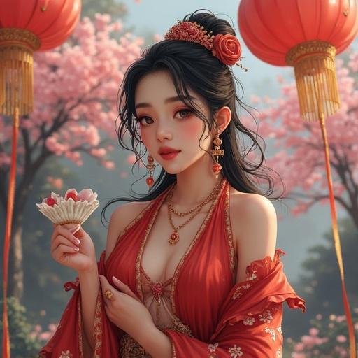 Generate an illustration of a cute girl in traditional attire with flowers while holding lanterns. Focus on vibrant colors and festive details in the background.