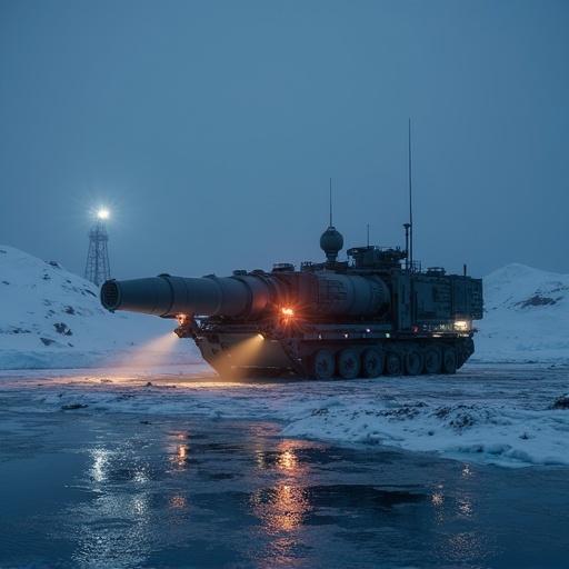Photo-realistic image of a missile system. Equipment ready for deployment in an arctic scene. Design showcasing cutting-edge technology. Floodlights illuminate the machinery. Capture with a telephoto lens. Enhanced detail effects applied. Machinery in deep waters for Marines deployment.