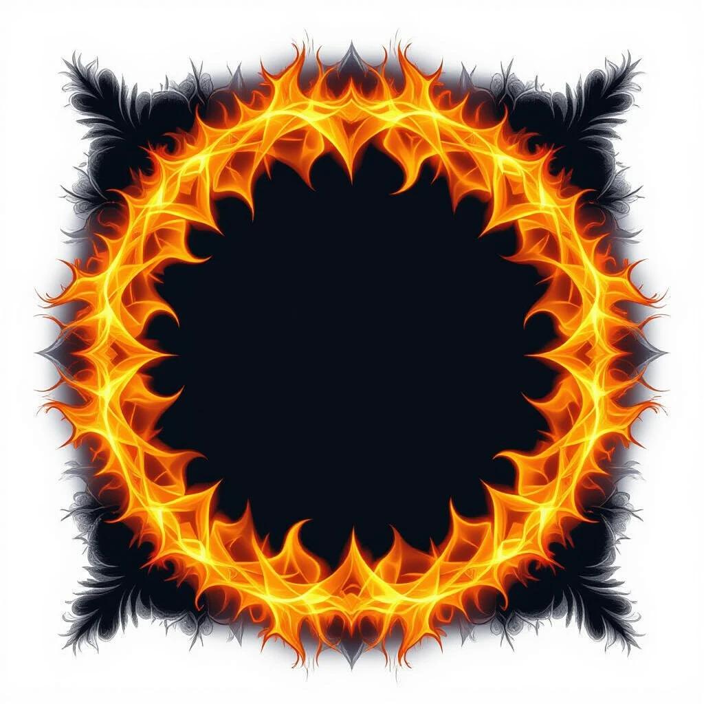 An intricate ring of bright flames surrounds a solid black center. The flames are designed in sharp, pointed shapes creating a circular pattern. The background is plain black enhancing the vividness of the fire. No additional elements are included.