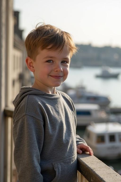 A young boy stands on a balcony. He wears a gray sweatshirt and has short light brown hair. The background shows a sunny harbor in Normandy. The scene conveys a peaceful and quiet atmosphere.