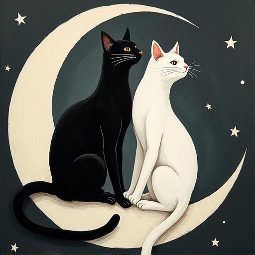 Two cats, a black one and a white one, positioned close to each other, circling a crescent moon in a painted style.