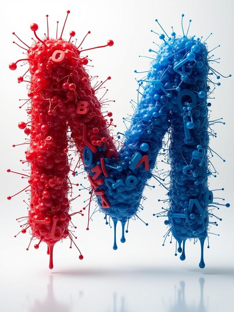 A vibrant image showcasing the letter M constructed from red and blue splashes. Letter forms appear three-dimensional with contrasting colors. The composition highlights artistic elements and uses color theory to create depth.