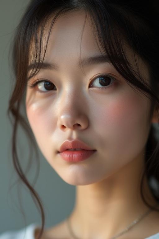 Hyper-realistic portrait of a young woman. Detailed skin texture with photorealistic lighting. Image in 8K resolution. Features a Korean woman.
