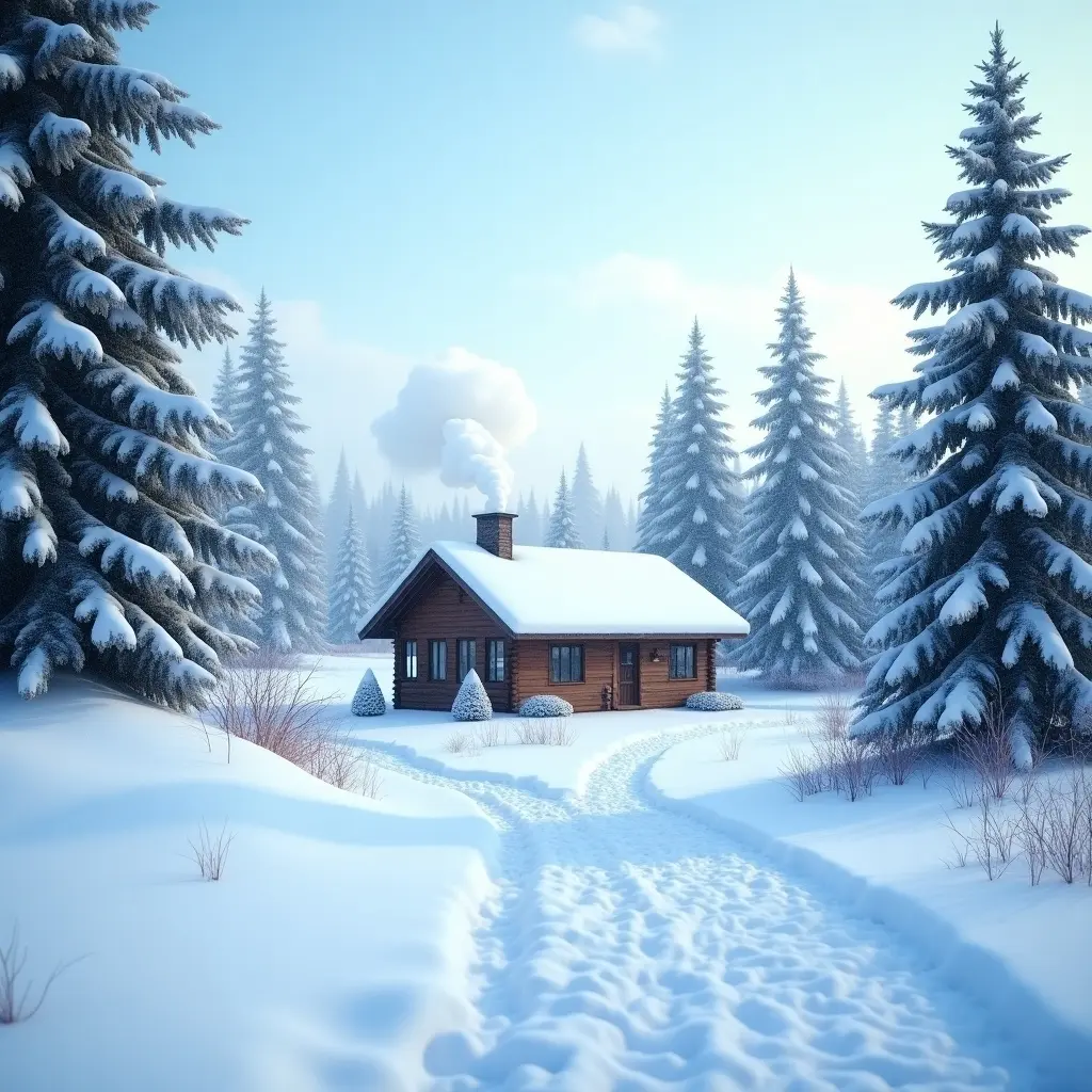 Scenic winter landscape featuring a cozy cabin surrounded by snowy pine trees. Snow covers the ground and a pathway leads to the cabin. Smoke rises from the chimney in a peaceful setting.