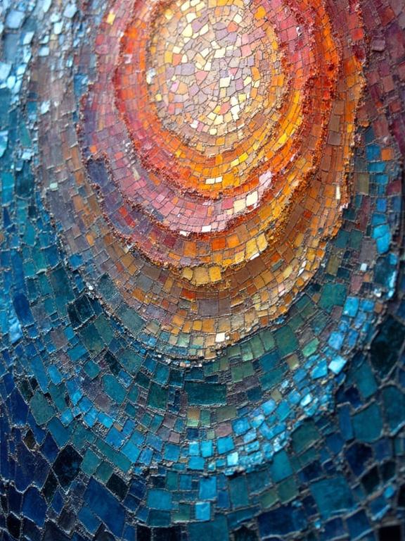 A close-up view of an ethereal, abstract ceramic tile and glass mosaic. The design features multi-layered, iridescent patterns with concentric circles. The artwork has a hyper-detailed appearance. The colors are vibrant and varied, creating a mesmerizing effect.