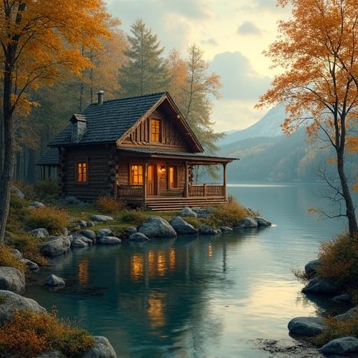 Wooden lakeside cabin surrounded by glowing foliage and still water. Fantasy realism in a painterly impressionist style.