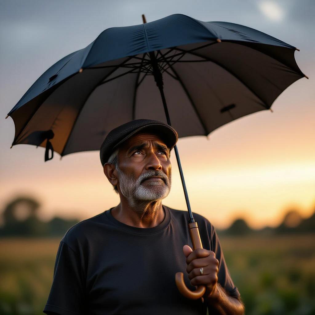 Photo-realistic portrait of an elderly Indian man aged 40-50 years standing outdoors. He holds a small classic black umbrella with a curved wooden handle. Background features a soft-focus open field with trees. Lighting is cinematic and warm. He wears a dark plain t-shirt and a vintage-style flat cap. Expresses concern and quiet resignation. Image highlights vulnerability and changing times.