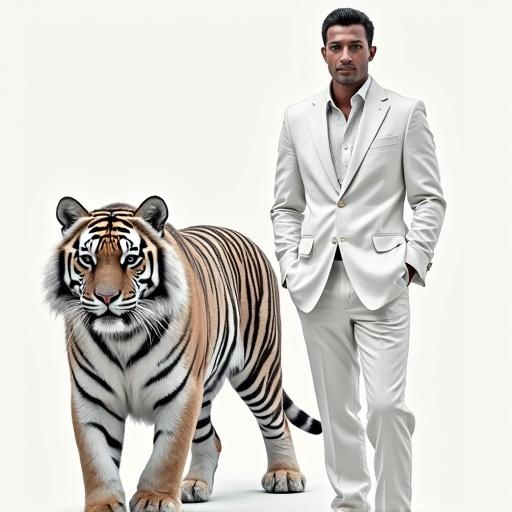 A man wearing a white suit stands next to a tiger. The scene highlights both elegance and strength in a modern style.