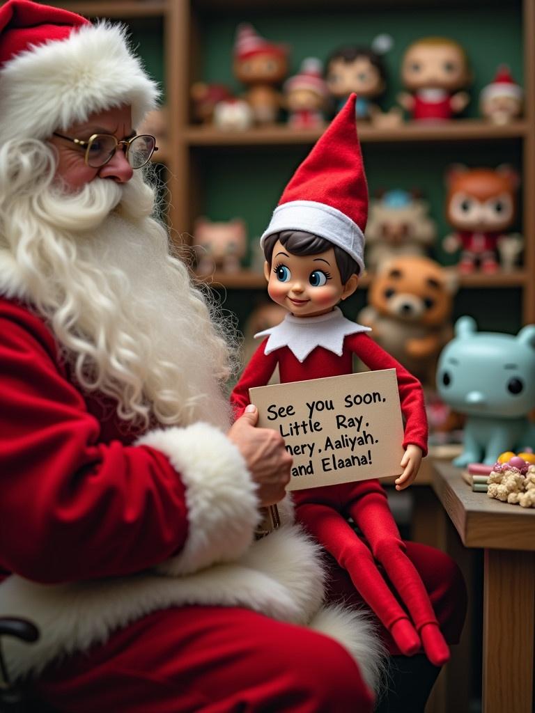 Elf on the shelf in traditional red outfit with white trim holding a sign. Background features Santa in a toy workshop filled with Funko Pops.