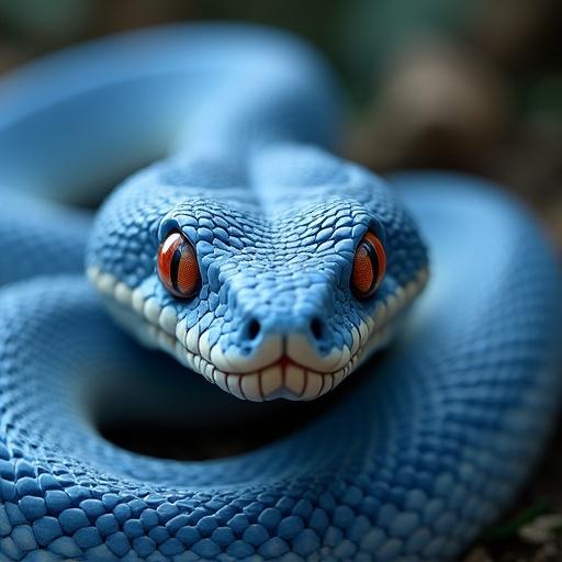 A blue snake with reddish eyes. Hyper-realistic style. Densely focused on the snake's head and body. Vivid colors with intricate detailing.