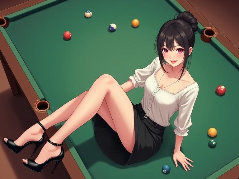 Illustration of a woman in her 20s on a pool table. She has black hair in a bun. She wears a white blouse and a black skirt. She is elegantly sitting and smiling.