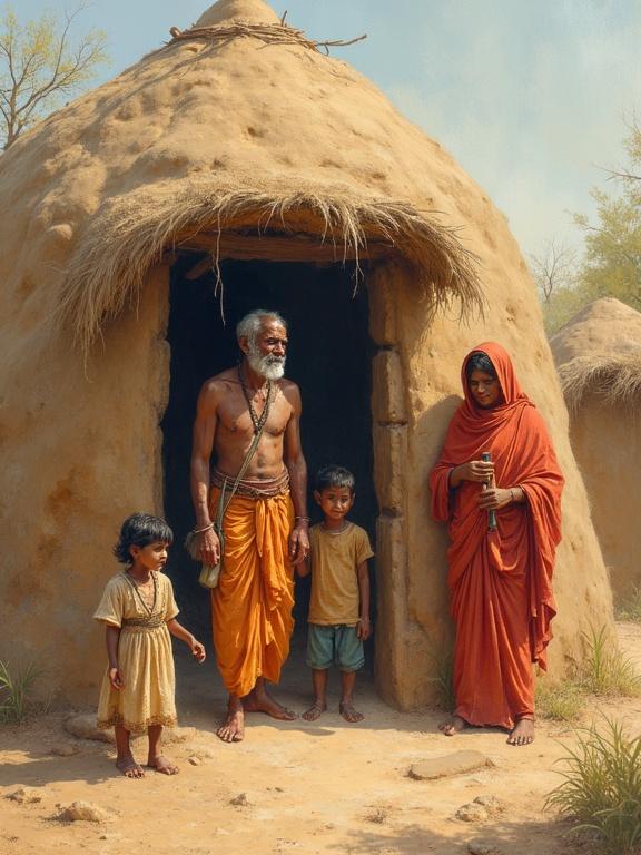 A humble Indian Brahmin family poses at their mud hut. A father, mother, and two children dressed in simple traditional clothing are pictured in a rural village setting with soft morning light.