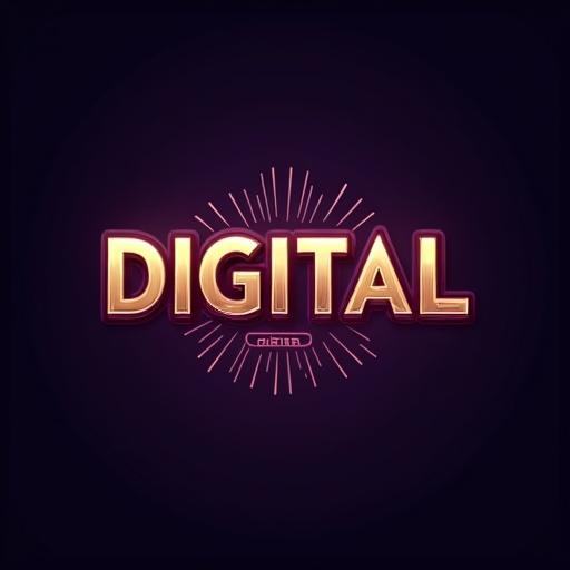 Logo design for 'digital creative' using high tech font in purple gold black and white. Sleek futuristic bold glowing letters with vibrant neon colors. Geometric elements with soft gradients for a glowing 3D effect. Metallic logo with polished chrome edge reflecting advanced creativity.