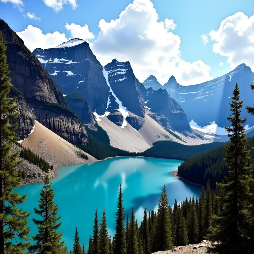 Image showcases a stunning natural scene featuring towering grey mountains with snow-capped peaks. A turquoise lake lies in the valley, surrounded by deep green evergreen trees. The sky is bright blue with fluffy clouds and sunlight streaming through. This serene landscape exudes tranquility and awe.