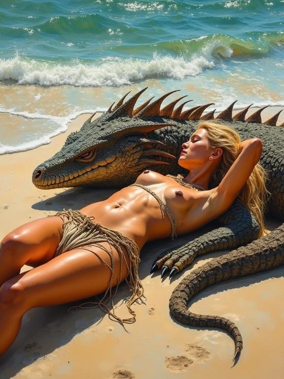 Acrylic painting in a beach scene. Beautiful tanned blonde tribal girl lies on the sandy beach. Wears a loincloth and tribal paint. Long messy hair. Arms behind head, smiling. Sun-kissed skin glistening. A komodo dragon rests beside her. Waves are crashing in the background. Strong sunlight casts shadows. Vivid colors.