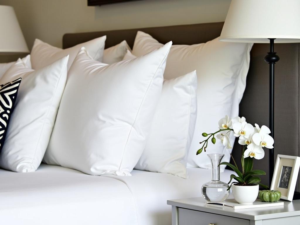 The image showcases a hotel resort bed with pure white linen sheets. The bed is adorned with several fluffy white pillows, creating a cozy and inviting atmosphere. A decorative black and white pillow adds a stylish touch to the arrangement. Beside the bed, there is a bedside table featuring a black lamp and a beautiful arrangement of white orchids. A few elegant decorative items, like a framed photo and a glass pitcher, decorate the table, enhancing the luxurious feel of the space.