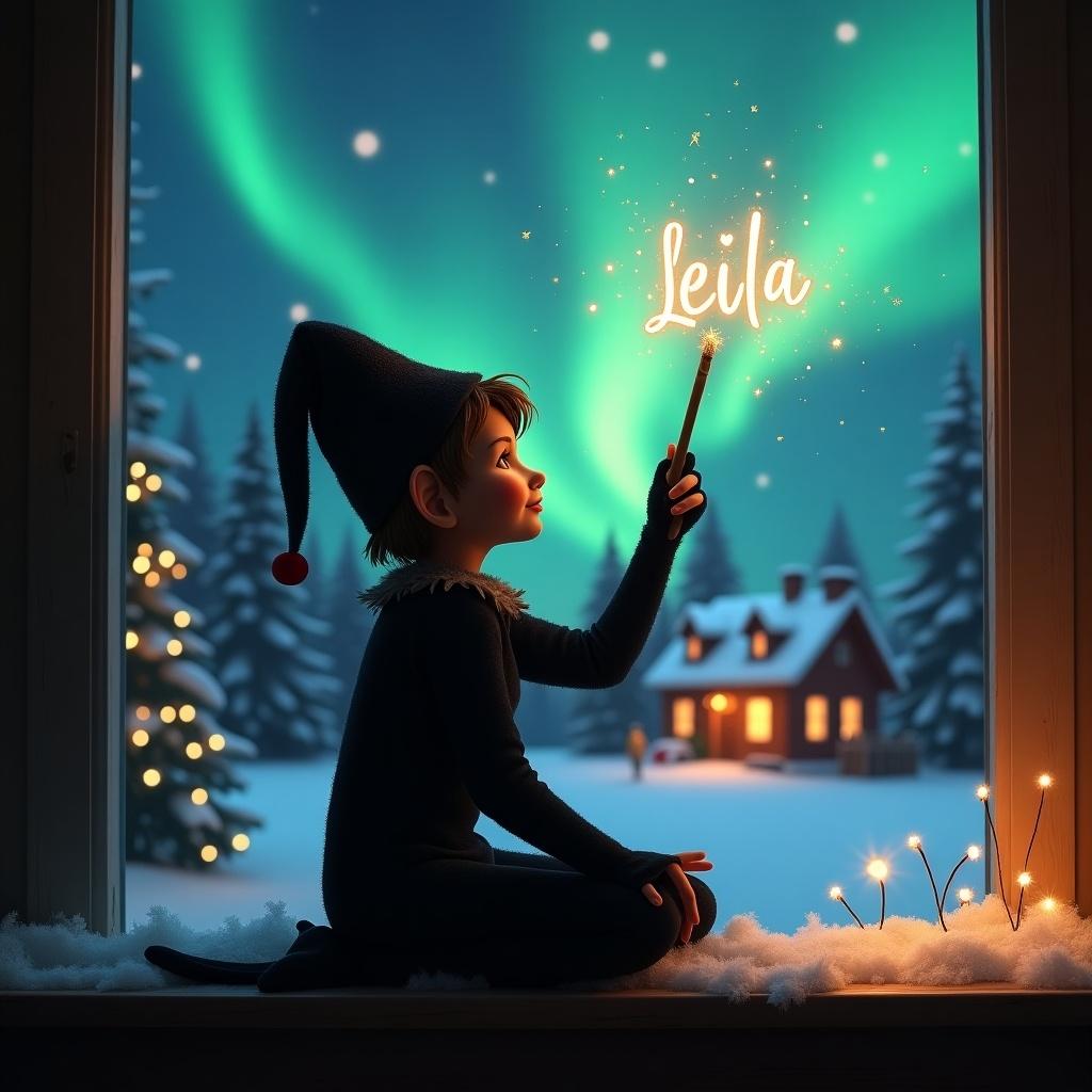 A female elf sits with back to viewer. Elf gazes skyward holding glowing wand. Colorful northern lights illuminate charming Christmas scene with a cozy house in the distance. Snow covers the ground. Name 'Leila' appears in the air from the wand.