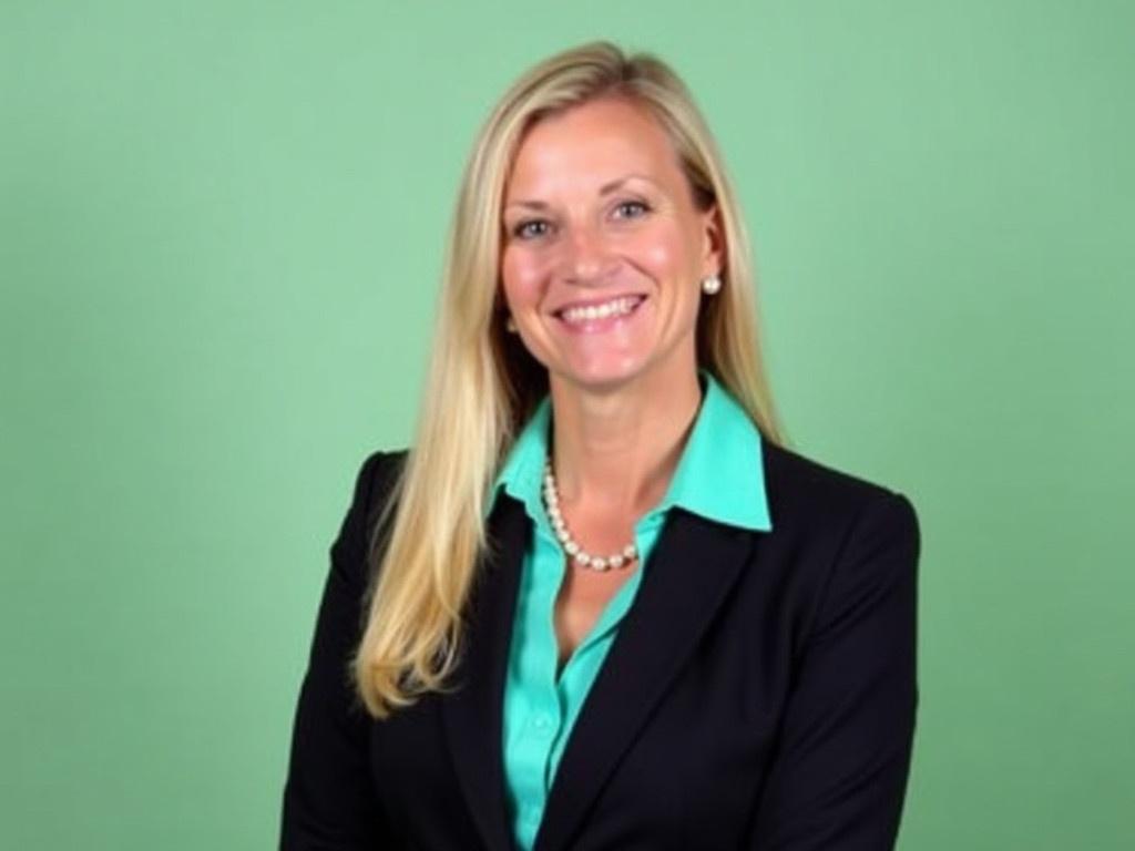 The image depicts a professional woman dressed in formal attire. She has long, straight blonde hair and is wearing a black blazer with an eye-catching turquoise collar. Around her neck is a pearl necklace that adds an elegant touch to her appearance. The background of the image is a soft green hue, creating a contrasting effect with her outfit. The focus is on her professional demeanor, suggesting a sense of confidence and sophistication.