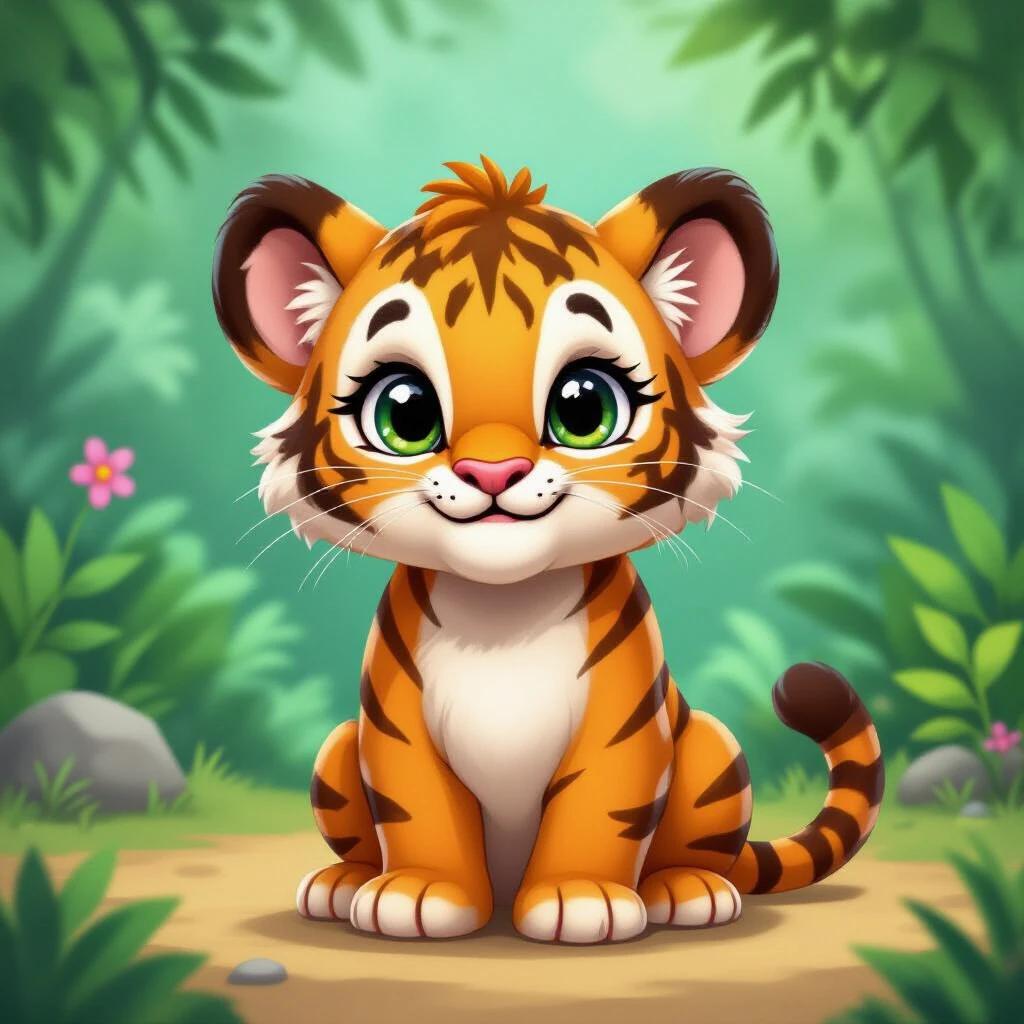 Character image for a virtual pet game featuring a cute tiger. Tiger has large eyes and a friendly expression. Soft green foliage in the background. Tiger is sitting in a playful pose on a path surrounded by nature.