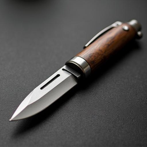 Knife with a wooden handle and a sleek metallic blade. Shot in high resolution on a dark surface.