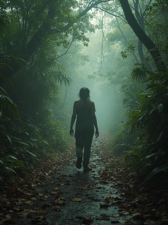 Photorealistic image of a person walking on a misty path through a dense tropical forest. Lush green foliage surrounds the path, creating an atmospheric and tranquil environment. No fictional creatures present.