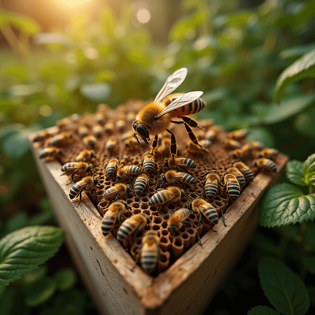 A close-up of bees working diligently on a honeycomb under the warm sunlight.