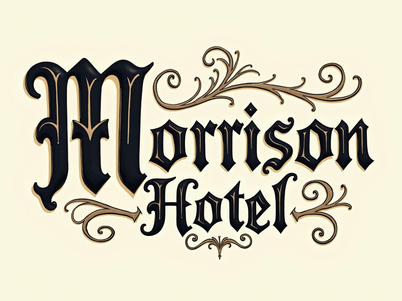 Image features the phrase 'Morrison Hotel' in medieval style typography. Black letters on cream background. Elaborate flourishes surround text. Suitable for branding and invitations. Roughly painted design.