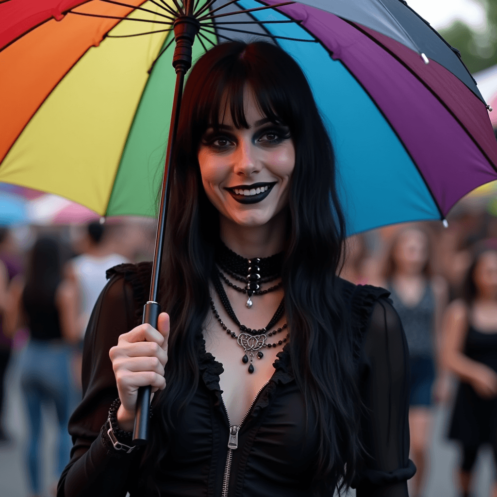 A person in gothic attire holds a rainbow umbrella, exuding a striking contrast with their dark makeup and jewelry.