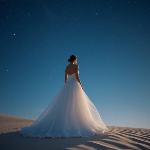 Woman stands on sand dune wearing elegant white gown. Starry night sky stretches above. Soft lighting highlights the scene. Calm atmosphere.